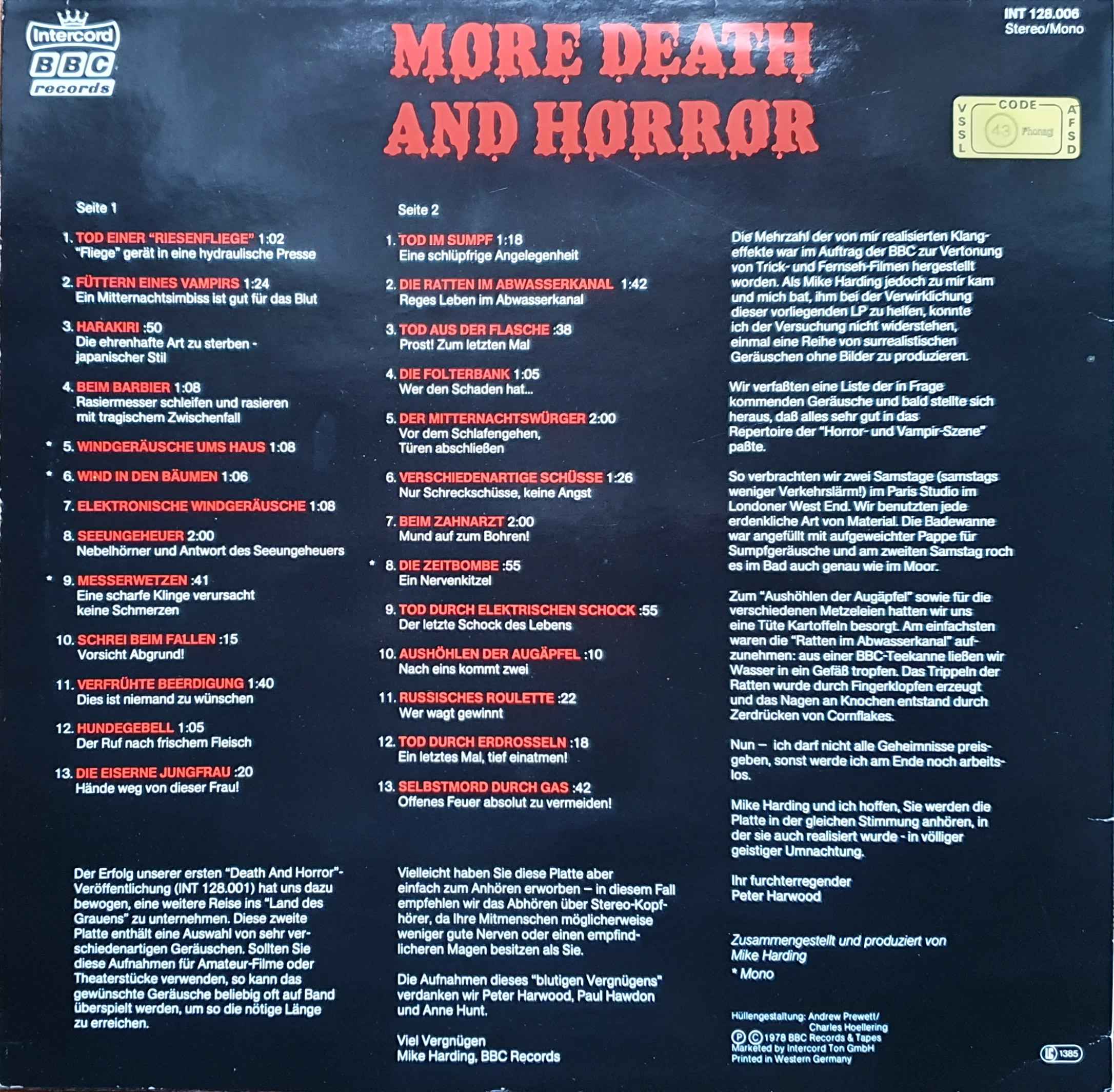 Picture of INT 128.006 More death and horror sound effects by artist Mike Harding / Peter Harwood from the BBC records and Tapes library